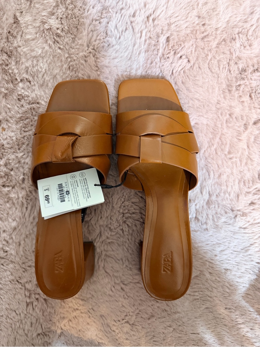 Zara Tan Braided Square-Toe Leather Mules